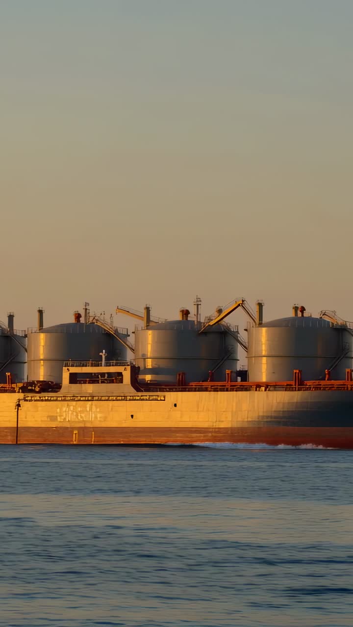 Grande nave da carico che naviga sull'acqua durante il tramonto all'ora d'oro