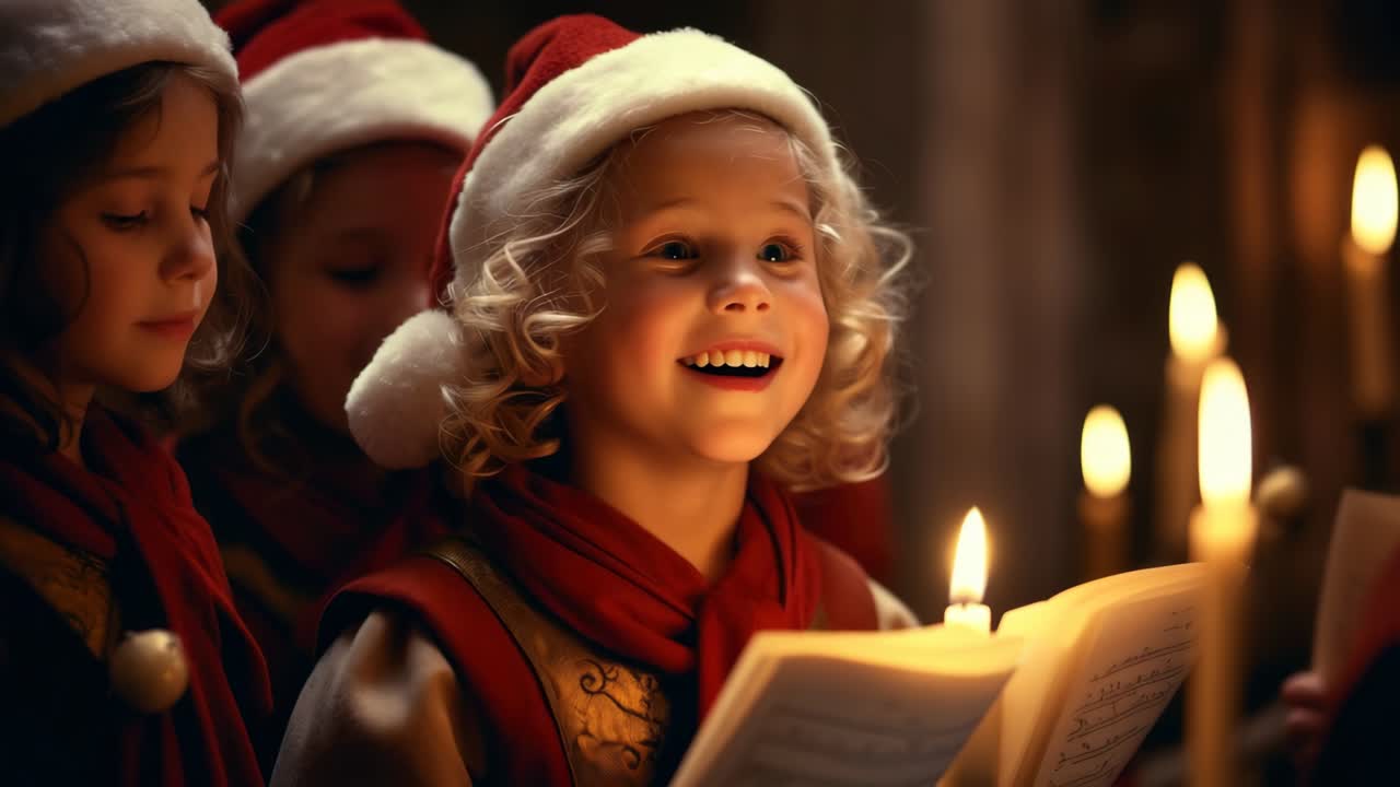 A heartwarming video still of children singing carols by candlelight