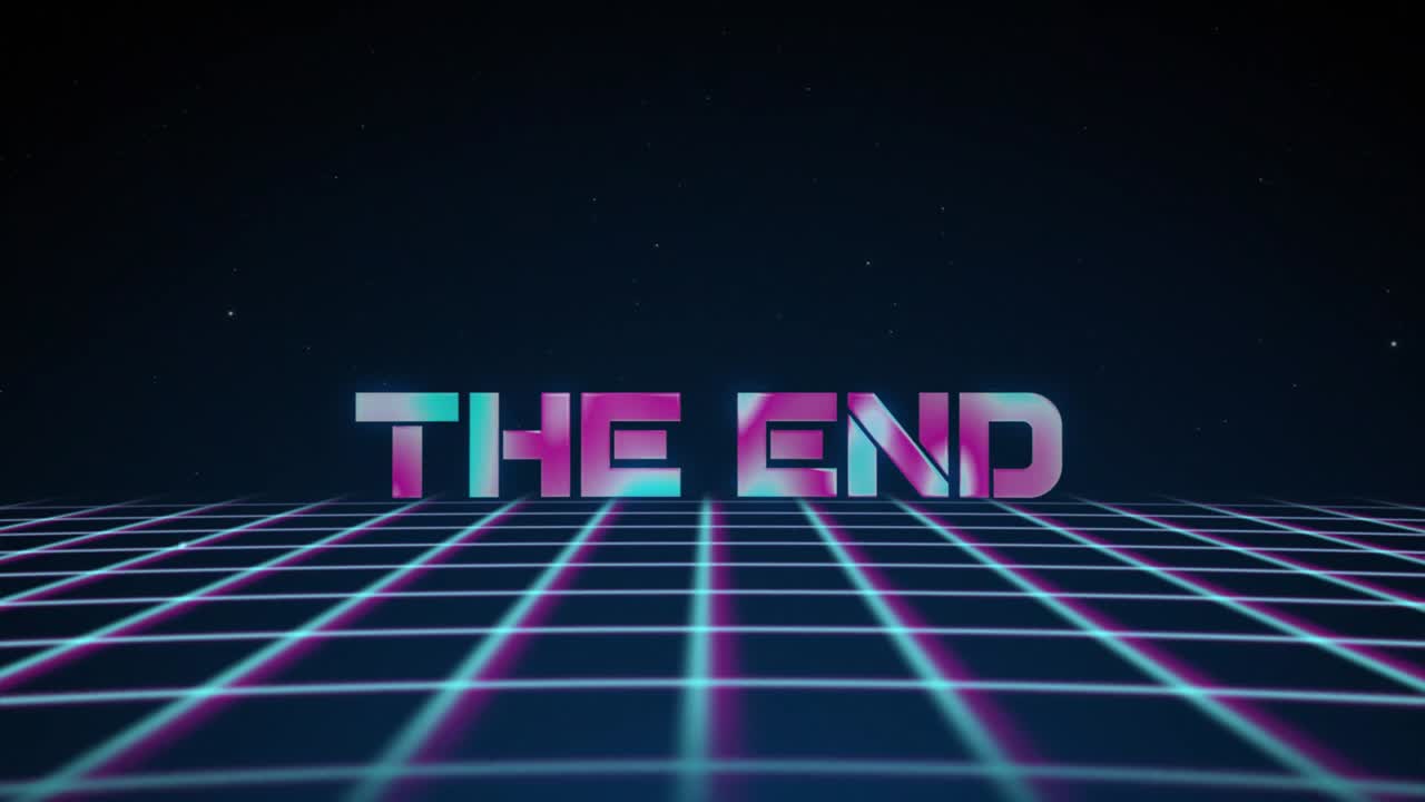 Synthwave wireframe net 80s with text THE END. Retro futurism background. 3d illustration render seamless loop. 4k