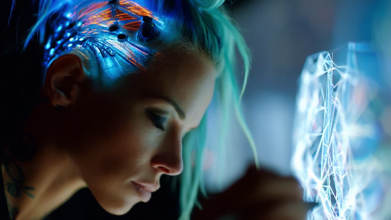 Un primo piano di una donna con vivaci capelli blu e intricati motivi neon intrecciati tra i capelli, profondamente intenta a osservare una proiezione olografica piena di motivi geometrici dinamici.