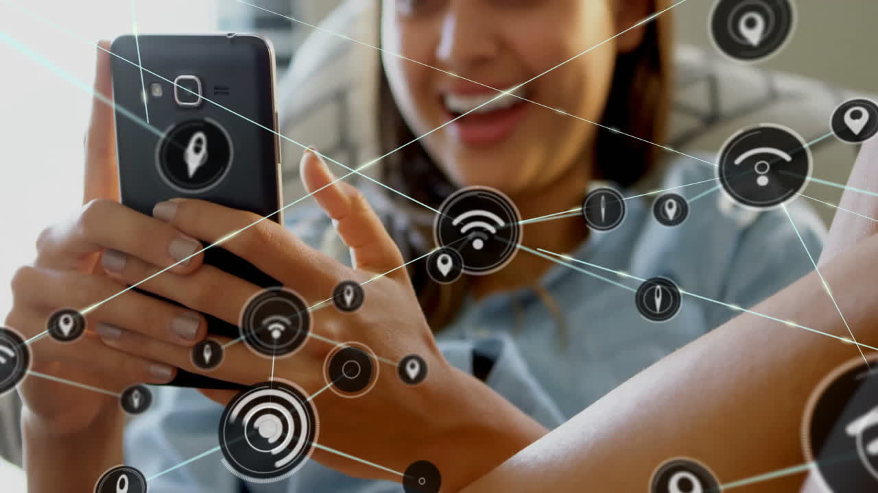 animación de una red de conexiones con iconos wifi sobre una mujer caucásica que usa un teléfono inteligente