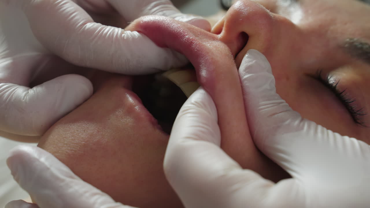 Close up of spa customer upper lips smoothed by skin care expert wearing protective gloves focusing on precise fingertip massage and lip contour under bright clinical lamp evoking calm care