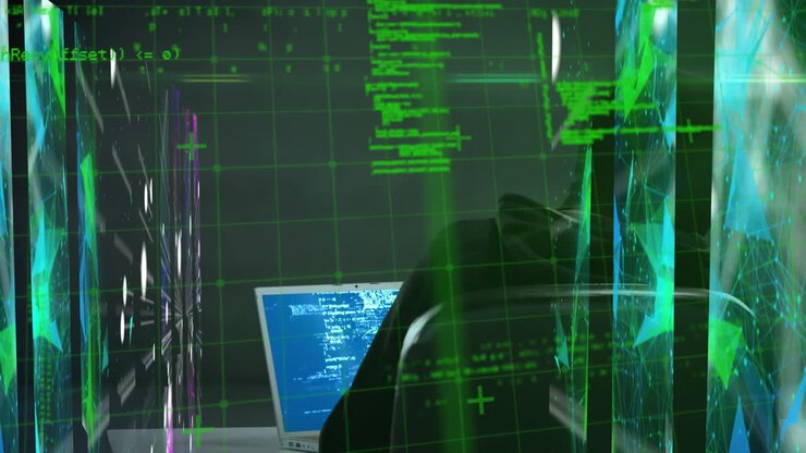 Animation af en grænseflade, der viser data og information med en maskeret hacker, der bruger bærbar computer i et serverrum