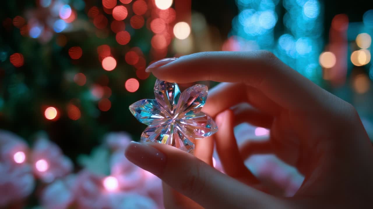 A Captivating Crystal Flower in a Hand Illuminated by Colorful Lights, Capturing the Essence of Beauty and Elegance with Vibrant Bokeh Effects Enhancing the Surrounding Floral Arrangement in the Background