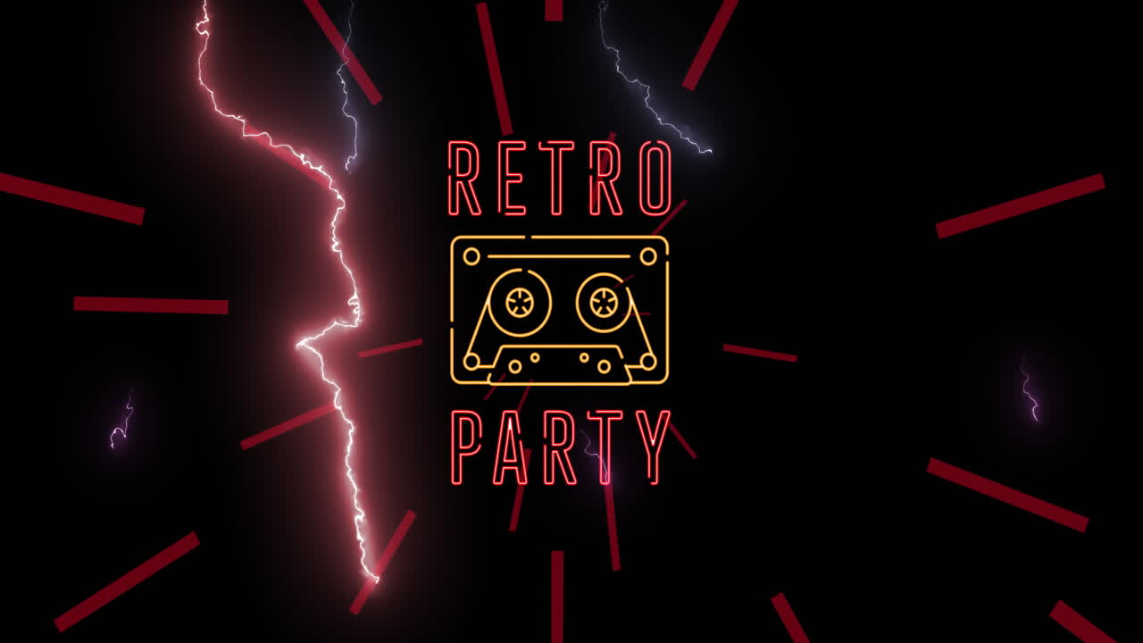 Animation of lightning over retro party text with gamepad icon on black background