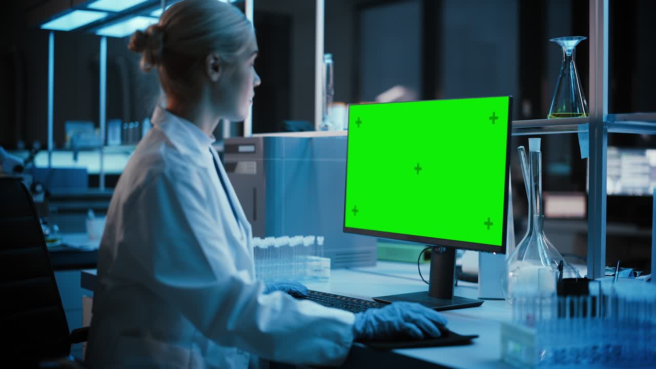 laboratorio de investigación médica: retrato de una científica trabajando en una computadora con pantalla clave de croma verde. laboratorio científico avanzado para medicina, biotecnología, desarrollo de vacunas. vista lateral oscura