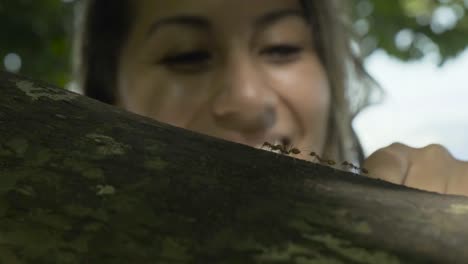 a mexican female watches ants work and travel