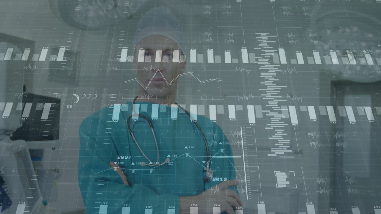 Medical data analysis animation over doctor in surgical attire with stethoscope
