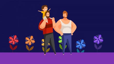 animation of male gay couple with son over rainbow flowers