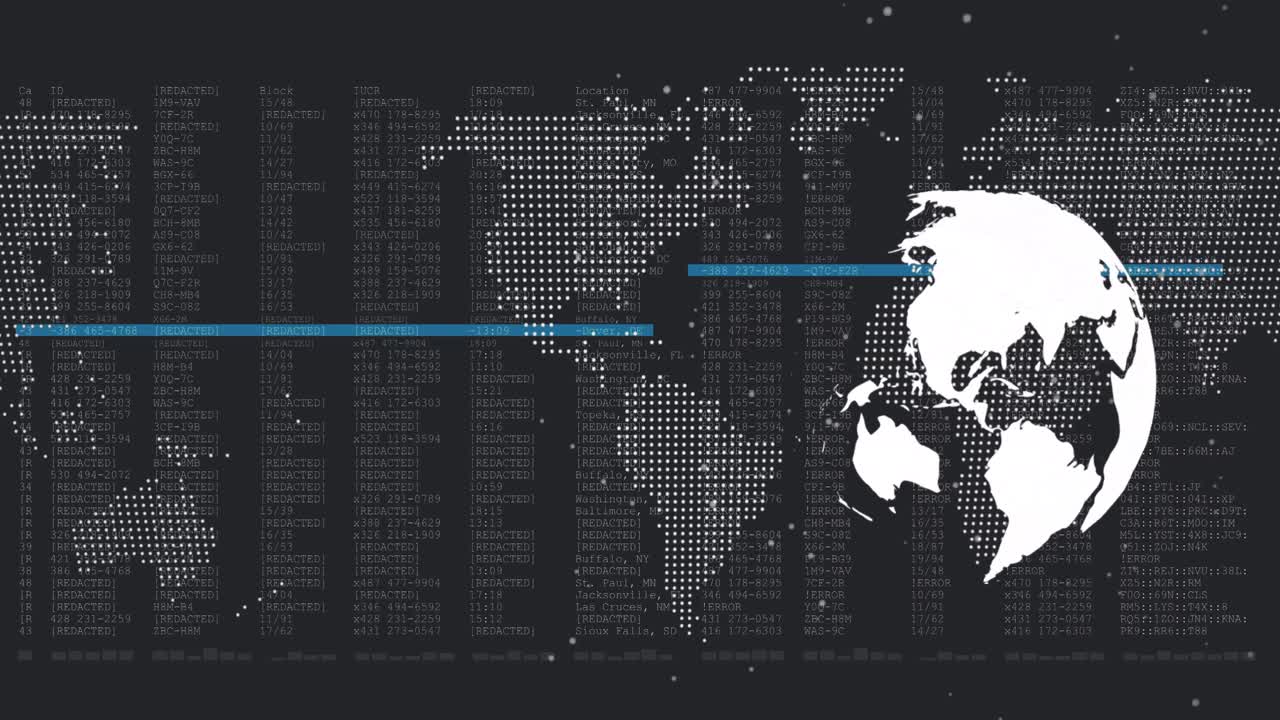 Spinning globe and world map against data processing on black background