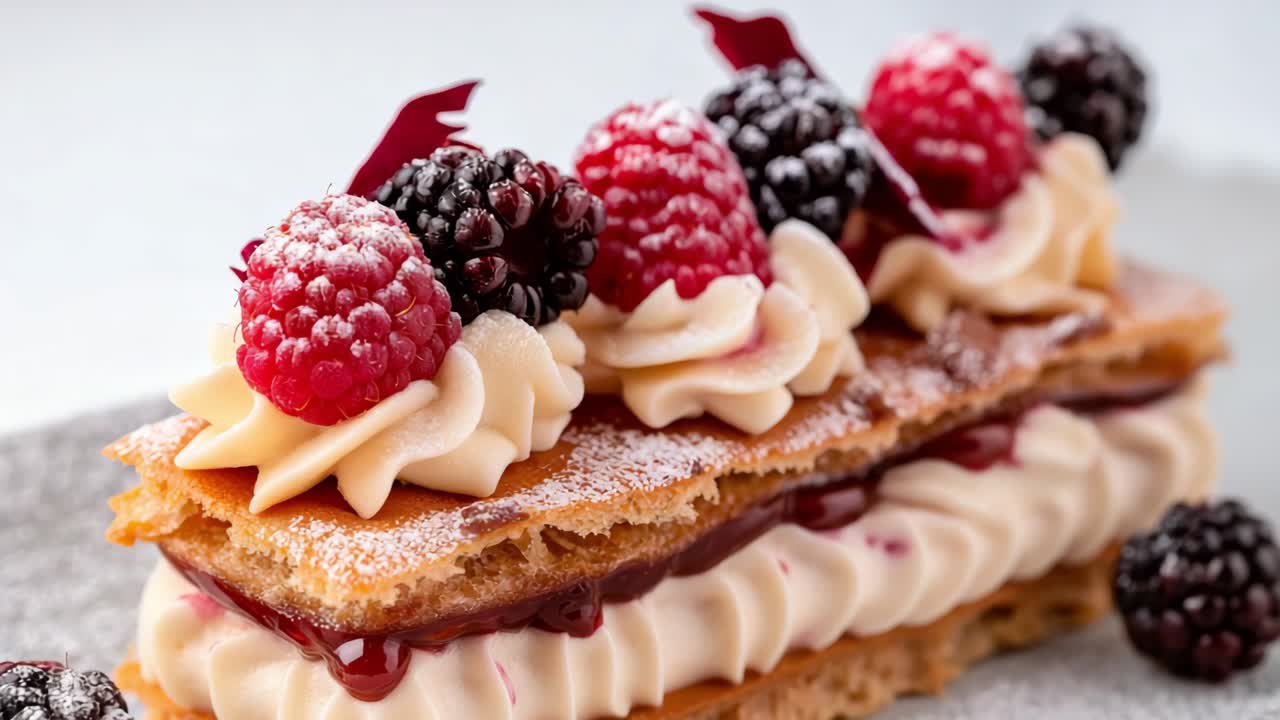 Rectangular mille feuille dessert features layers of puff pastry, cream, raspberries, blackberries, red currants, and a sprinkle of powdered sugar, creating a visually appealing and tempting treat