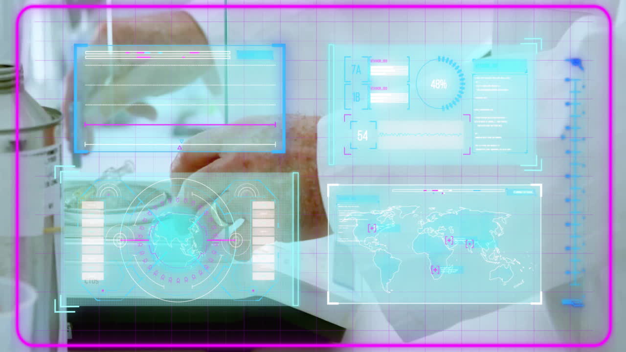 Displaying futuristic data interface, graphs and world map in animation background