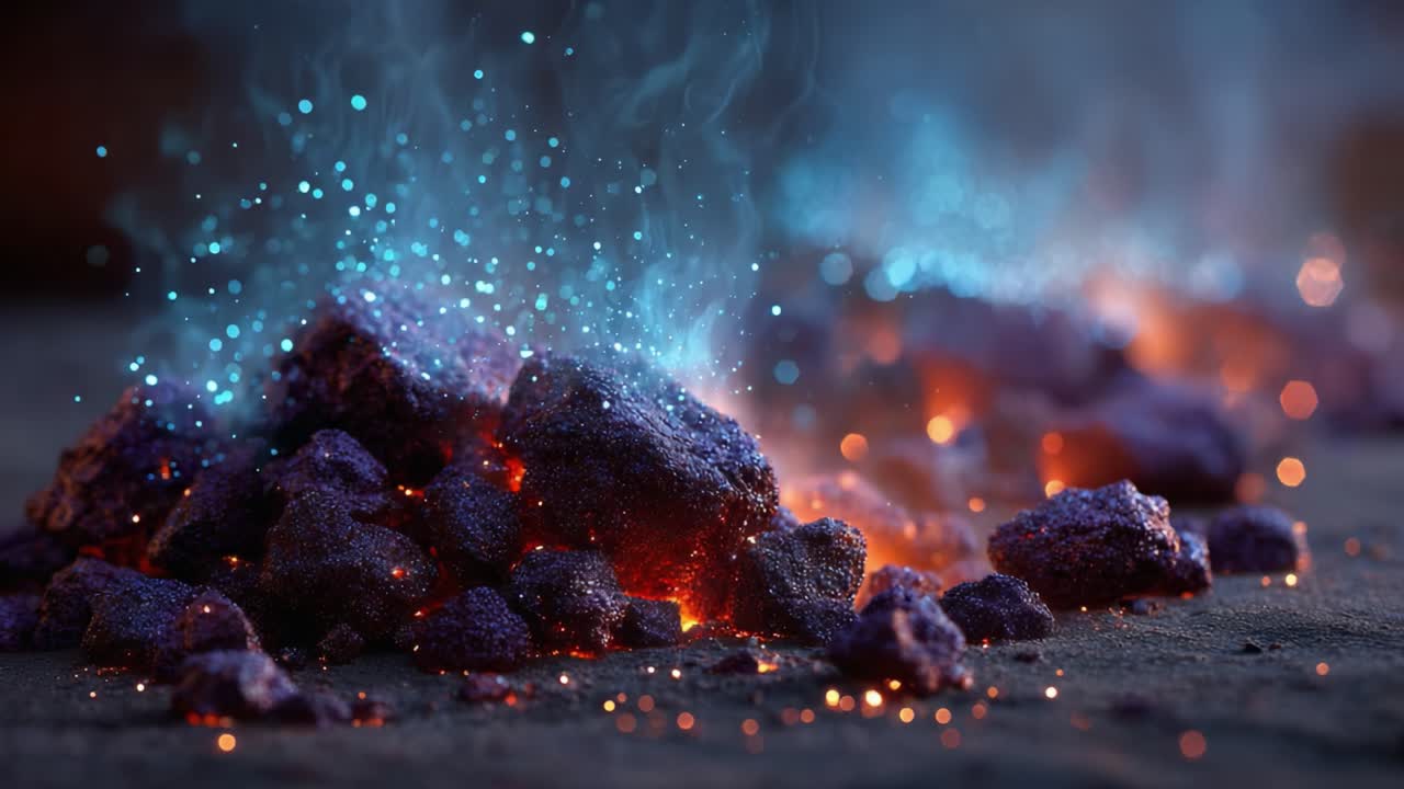 A Mesmerizing Display of Fiery Embers and Electric Blue Smoke Amidst Radiant Sparks, Capturing the Surreal Beauty of Burning Rocks in a Magical Fantasy Setting