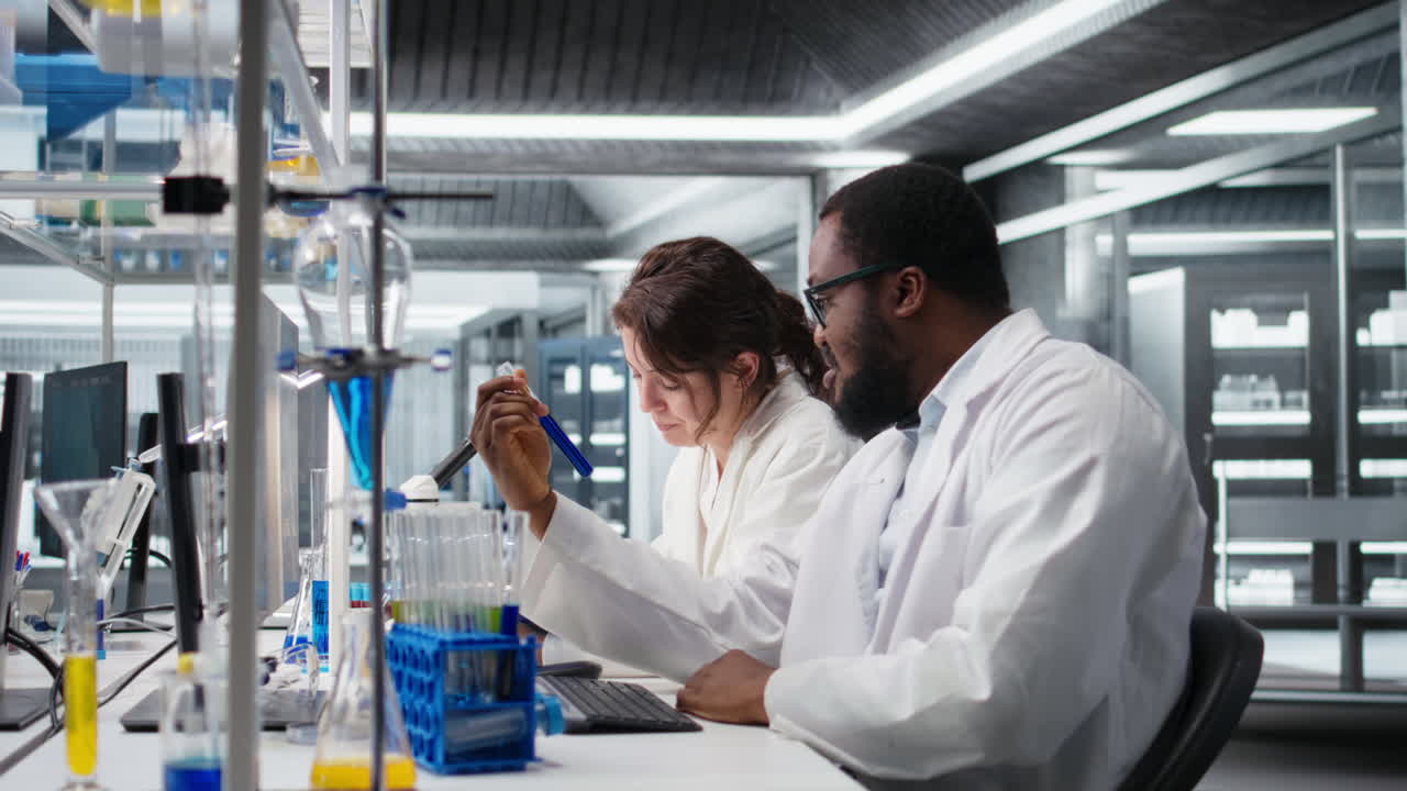 Vertical video Team of lab technicians using chemical solutions, creating mixtures
