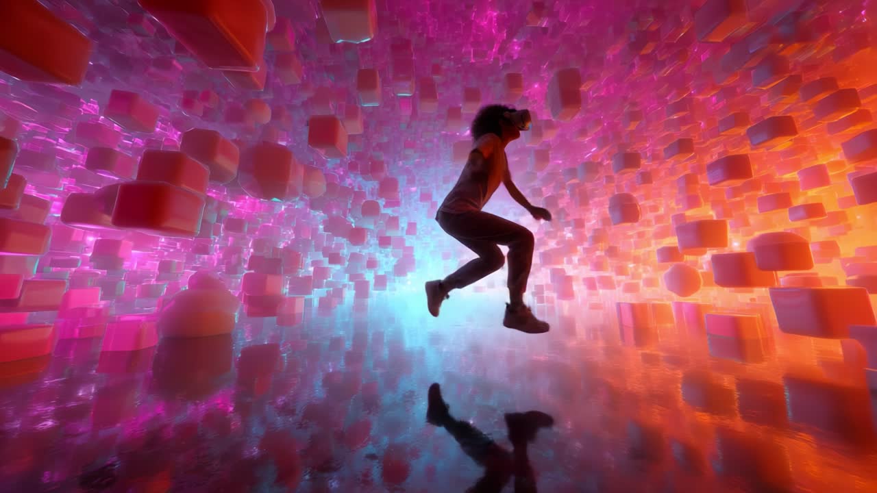 A Stunning Visual Journey Through an Abstract Digital Realm Where Colorful Geometric Shapes Surround a Dynamic Figure in Motion, Capturing the Essence of Creativity and Imagination in an Enigmatic Space