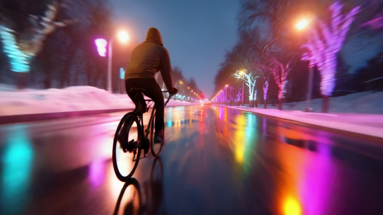 En syklist navigerer en levende, opplyst sti på en regnværsnatt, omgitt av fargerike, reflekterende lys blant trær, noe som skaper en fascinerende atmosfære av bevegelse og eventyr