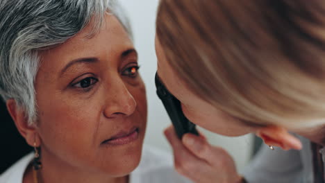 eye exam, mature woman or patient with optometrist
