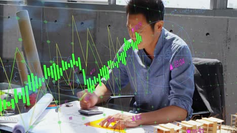 Animación-Del-Procesamiento-De-Datos-Financieros-Sobre-Un-Hombre-De-Negocios-Asiático-Que-Trabaja-En-La-Oficina