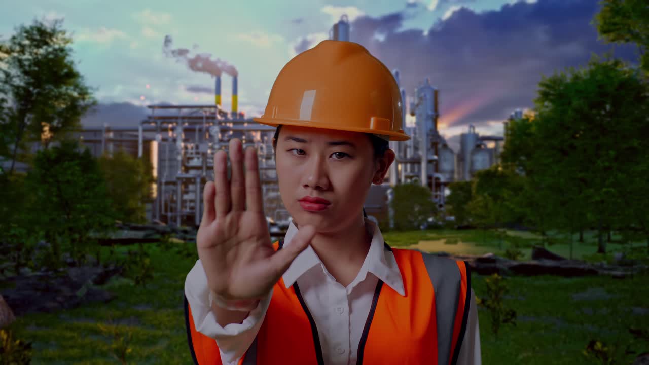 Close Up Of Asian Female Engineer With Safety Helmet Disapproving With No Hand Sign While Standing In Front Of Oil Refinery
