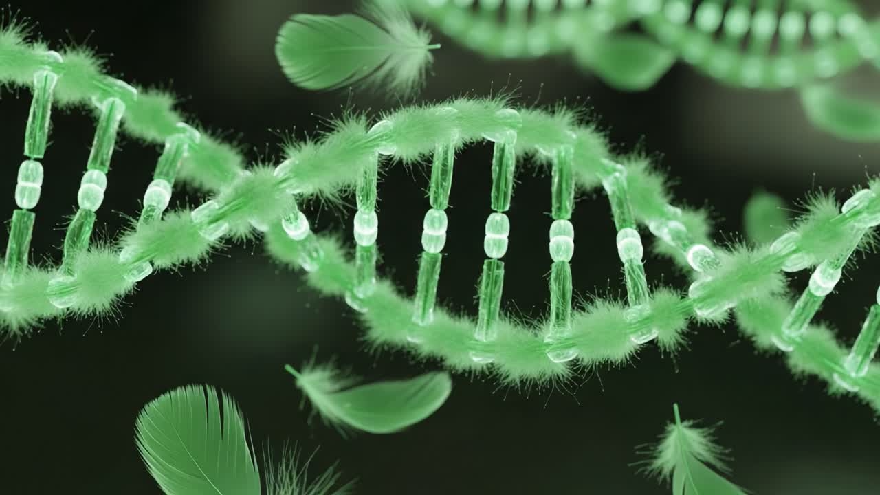 A Striking Visualization of a Green DNA Double Helix Surrounded by Delicate Feathers, Highlighting the Intricacy of Genetic Structures and Natural Elements