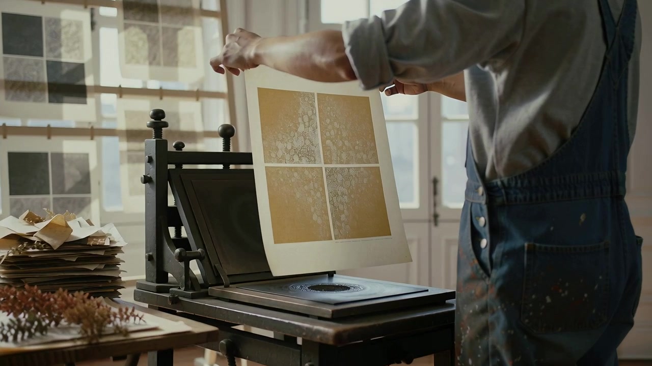 Placing sheet, overalled printer turning press lifting checking 4panel texture by window