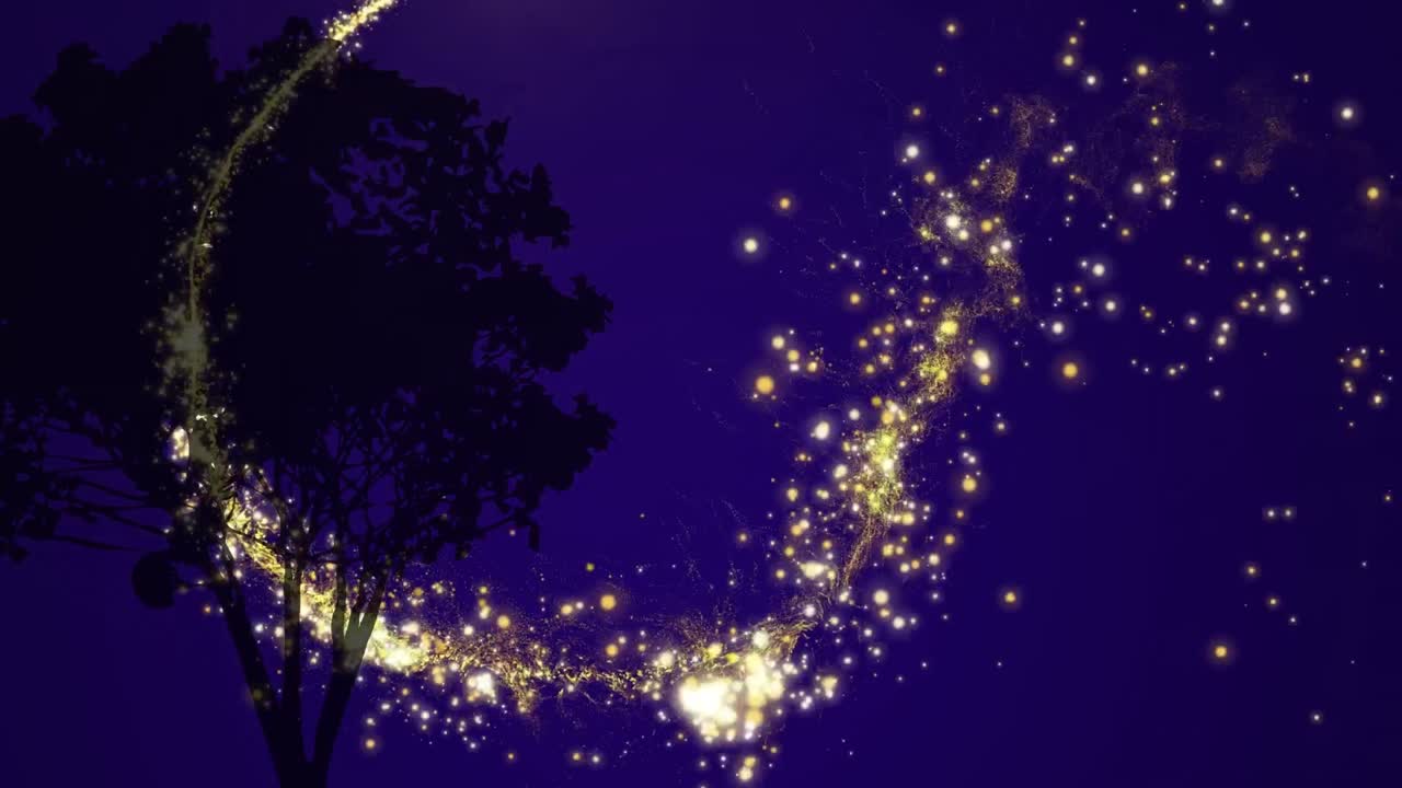 animación de puntos de luz sobre la silueta de un árbol sobre un fondo azul
