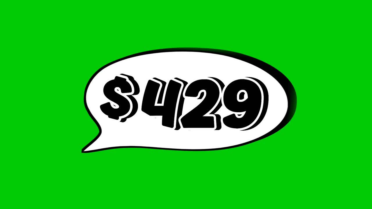 Animation $429 dollar price in a speech bubble green screen. Perfect for sales, ads, or promo videos. Easy to use and customize in your projects video element