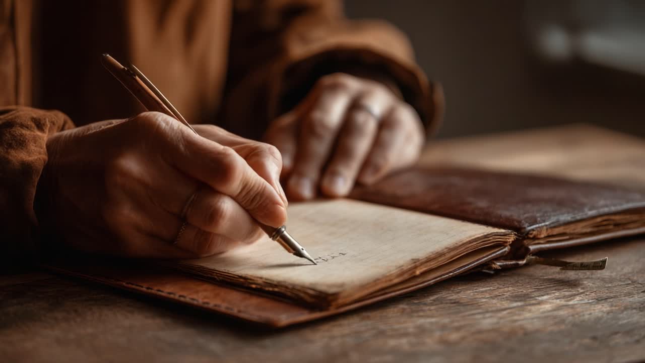 Capturing Thoughts: A Serene Moment of Writing in a Journal with a Pen, Emphasizing Reflection and Creativity in a Warm Atmosphere