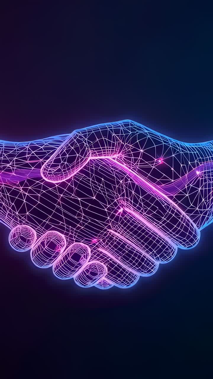 Video verticale: mani wireframe che si stringono nello spazio digitale con cambiamento di tonalità e raggi di griglia neon pulsanti