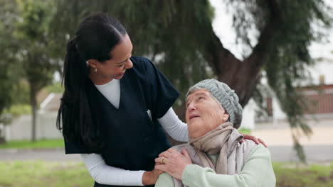 Nurse,-park-and-a-senior-woman-in-a-wheelchair