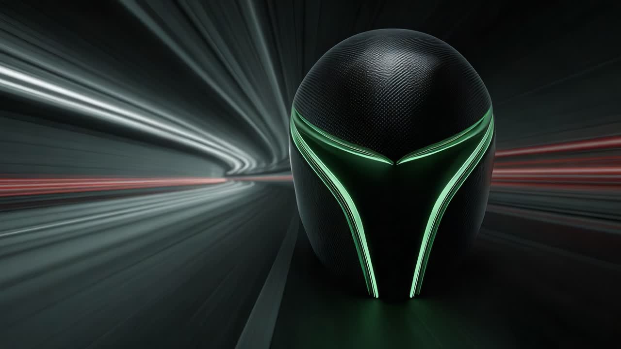A Futuristic Helmet in Motion: Capturing the Smooth, Sleek Design of an Advanced Headgear Emitting Green Light Trails Against a Dark Backdrop