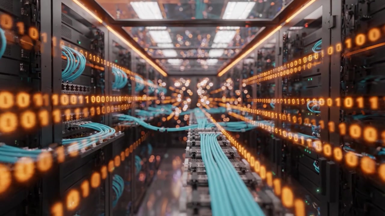 A Futuristic Server Room Filled with High-Tech Cables and Data Streams, Displaying an Interconnected Network of Computer Systems and Illuminated Connections