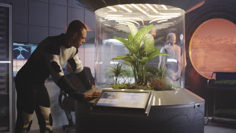 astronaut monitoring plant growth in a space station greenhouse