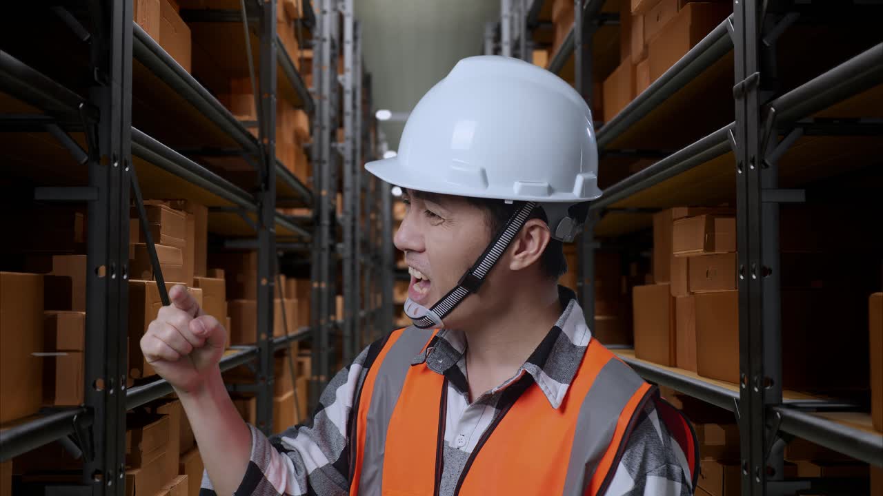 안전 헬을 입은 아시아 남성 엔지니어가 배달 물품으로 가득 찬 선반과 함께 창고에 서있으며 화를 내며 당신을 가리키고 창고에서 소리를 지르고 있습니다.