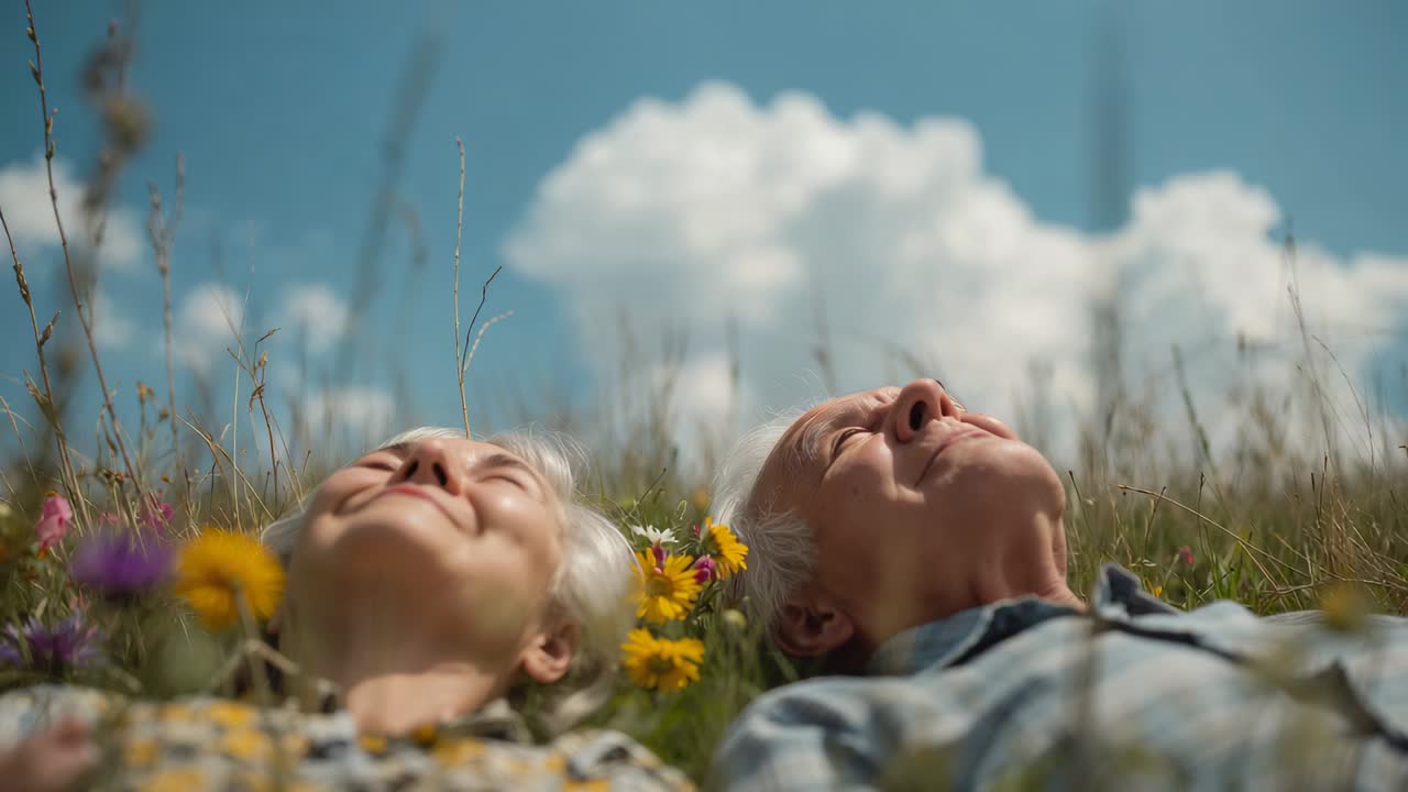 Gazing senior couple in meadow, cloud drift causing nods, yellow blooms between them, patterned top