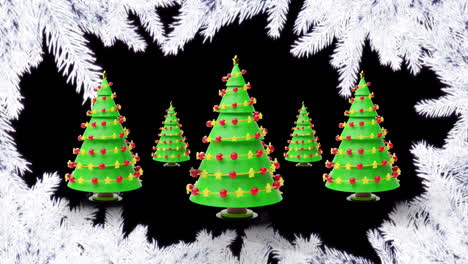 animation of christmas trees spinning and white fir tree branches on blue background