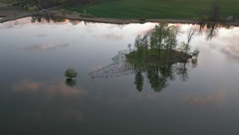 Drone-aerial-view-of-tiny-island-with-trees-in-the-lake