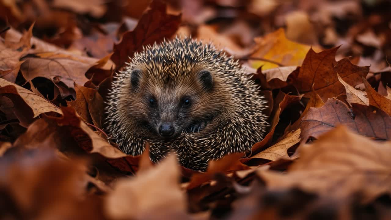 Un affascinante riccio annidato in un mare colorato di foglie autunnali, che cattura l'essenza della fauna selvatica in un ambiente naturale