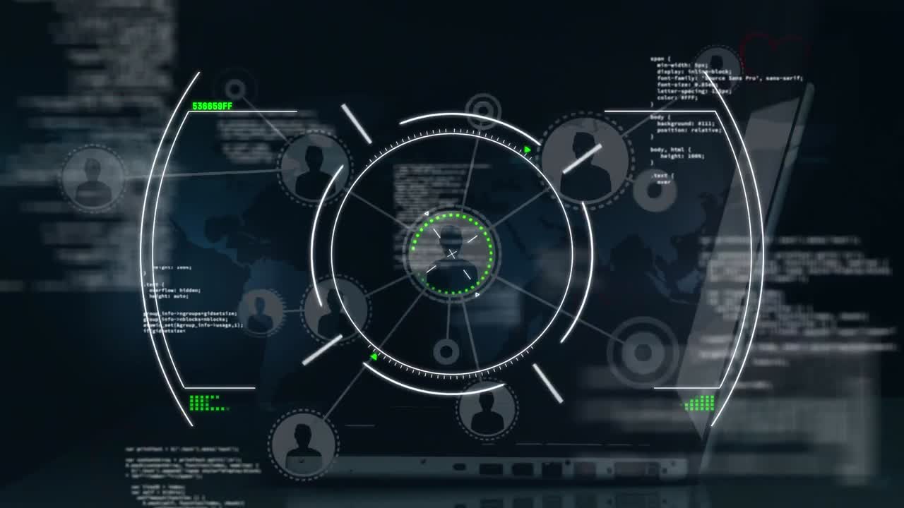 노트북을 사용하는 사람의 중간 섹션에 대한 프로필 아이콘 네트워크를 통해 범위 스캔의 애니메이션