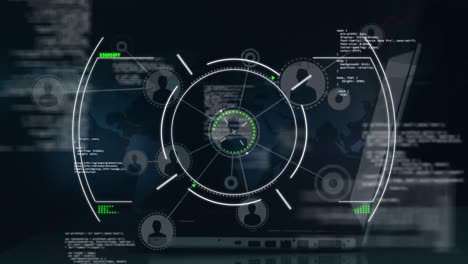 Animation-of-scope-scanning-over-network-of-profile-icons-against-mid-section-of-man-using-laptop