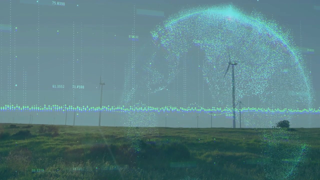 Tall turbine receiving sensor data for energy, generating particle dome, waveform and numeric tags