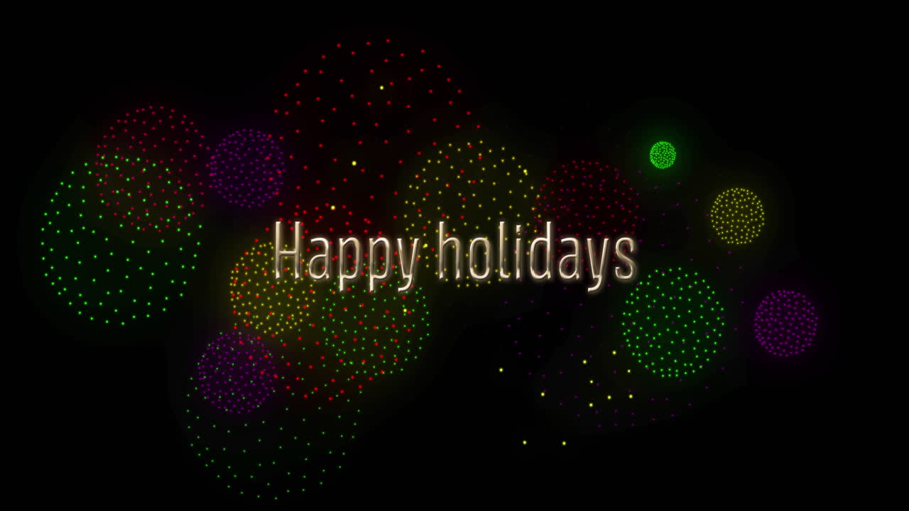 검은 바탕에 불꽃놀이와 함께 행복한 휴일 텍스트의 애니메이션