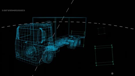 animación de un modelo 3d de camión girando con procesamiento de datos