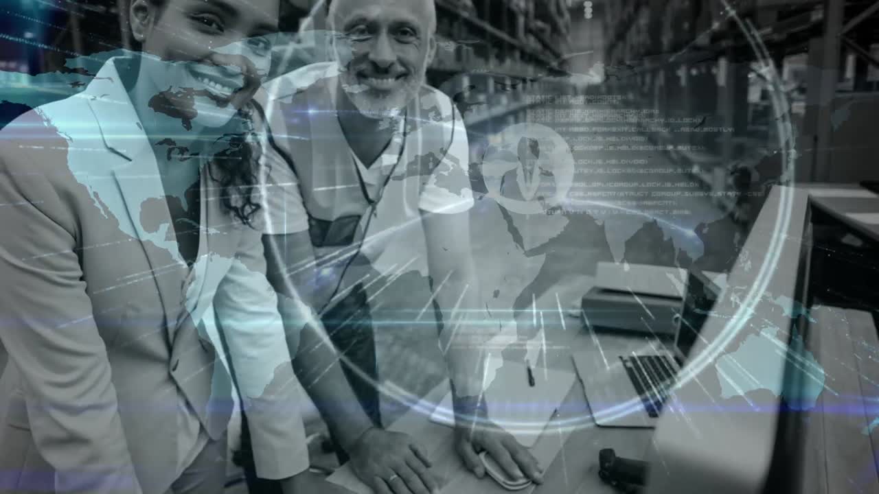 composición del almacén del hombre y la mujer que trabajan en el almacén combinada con la animación de c