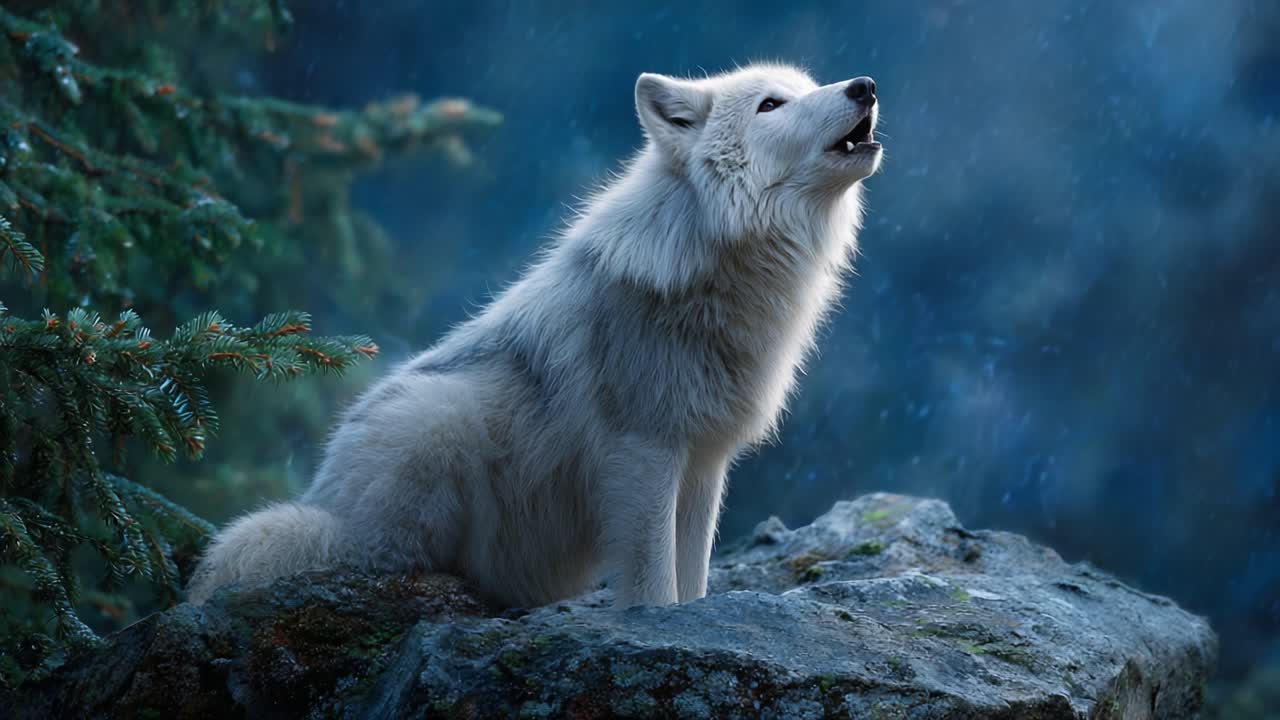 A Majestic Arctic Wolf Howls in the Mystical Wilderness Amidst a Gentle Rain, Embracing the Beauty of Nature While Calling Out to the Night Sky Only Understood by Its Kind