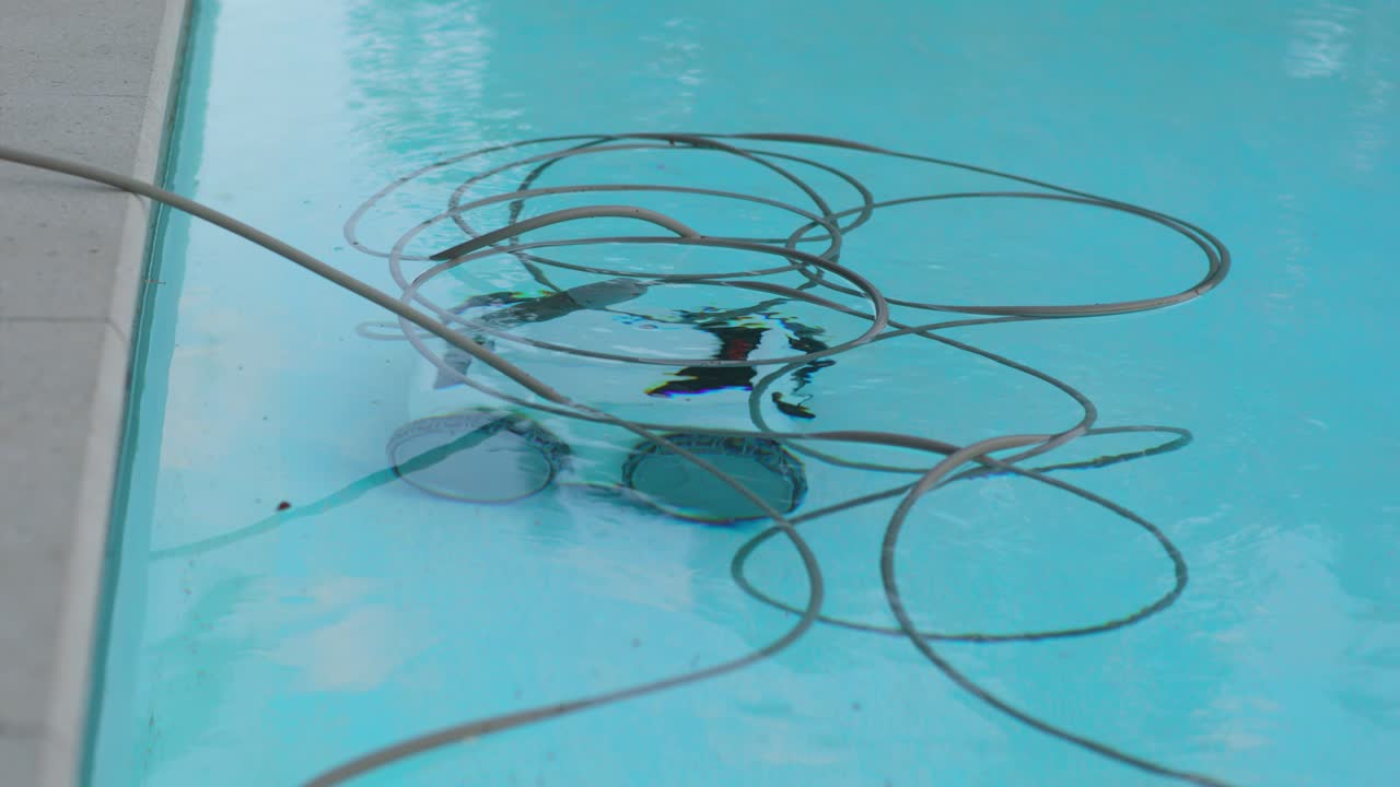 el robot eléctrico de limpieza de piscinas limpia la piscina bajo el agua con un cable de alimentación flotando en agua clara y reflectante