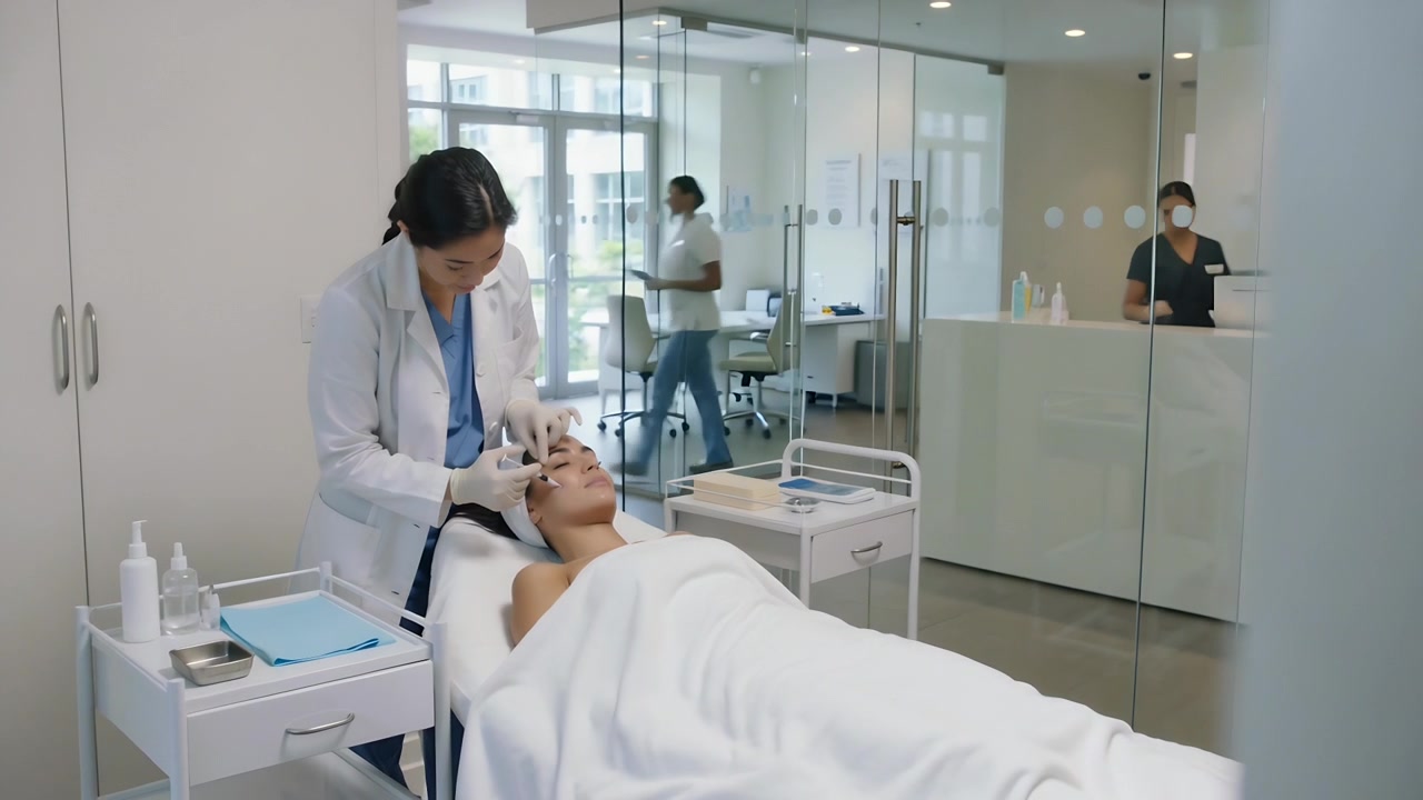 Profissional se preparando, vestindo jaleco e luvas, pegando um carrinho na clínica, higienizando a testa.