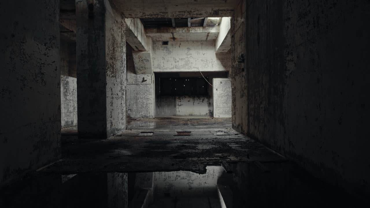 Dark and Eerie Interior of an Abandoned Concrete Building