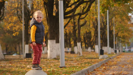 Glückliche-Kindheit-In-Voller-Länge-Aufnahme-Von-Kleinen-Jungen-Im-Park-Am-Herbsttag-Kind-Lächelt-Und-Plaudert-Ruhe-Am-Wochenende-Im-Herbst