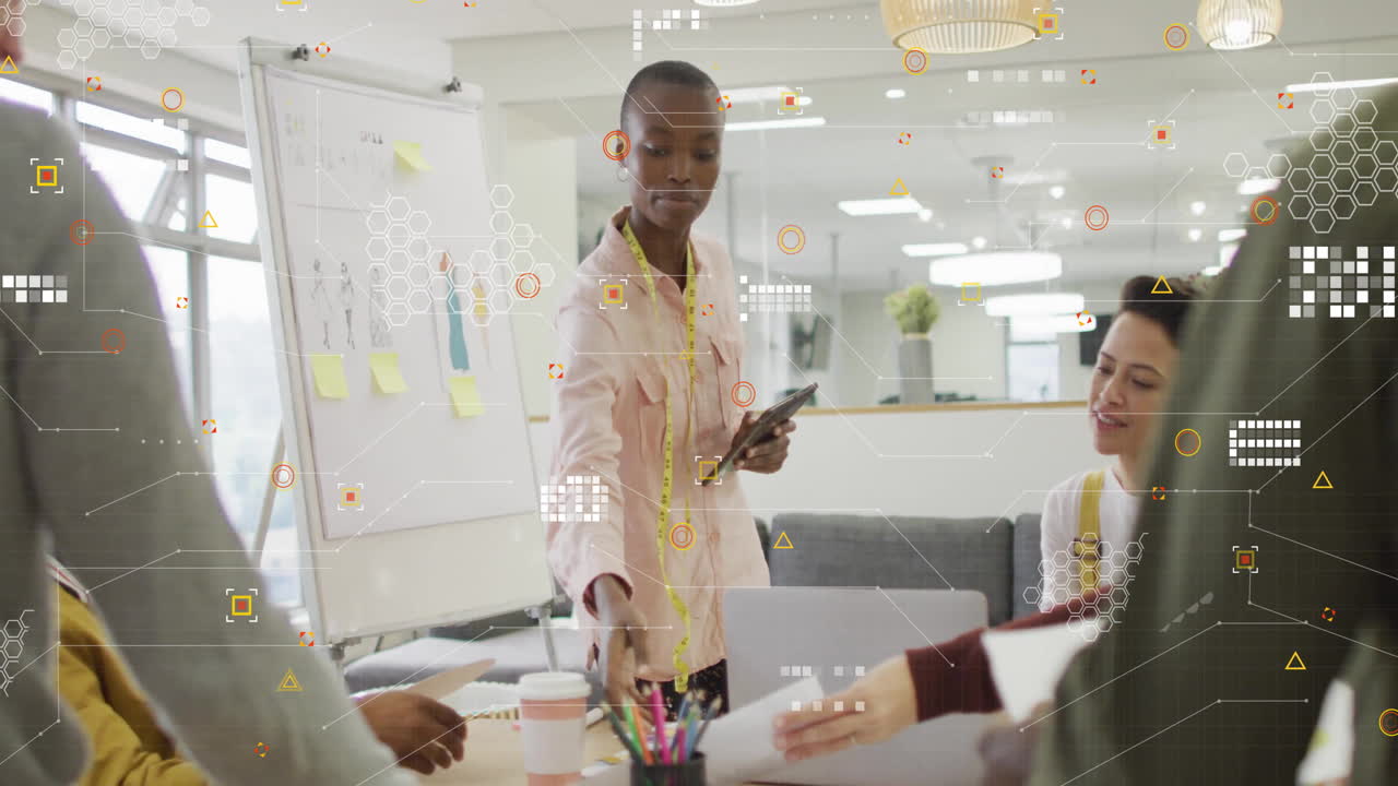 Animation of processing data over diverse colleagues discussing at casual office meeting
